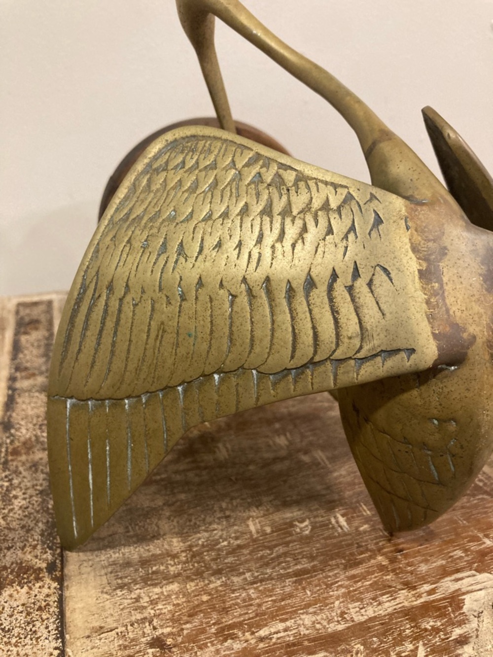 Vintage Crane Sculpture on Wood Base Mid Century Modern Decor 11.5” Brass Color - Picture 7 of 16